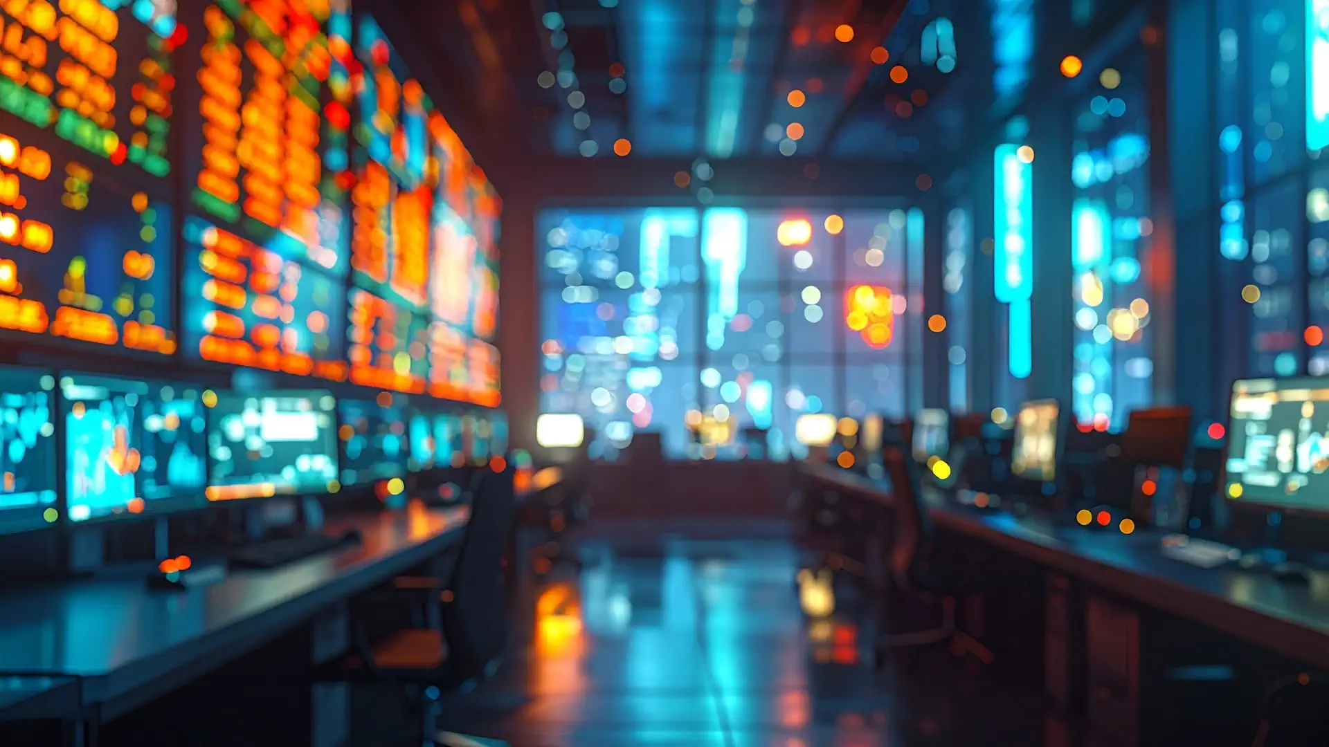Ein futuristischer Kontrollraum mit mehreren Bildschirmen, die Daten und Diagramme anzeigen, beleuchtet durch leuchtende blaue und orangefarbene Lichter, die eine High-Tech-Atmosphäre schaffen.