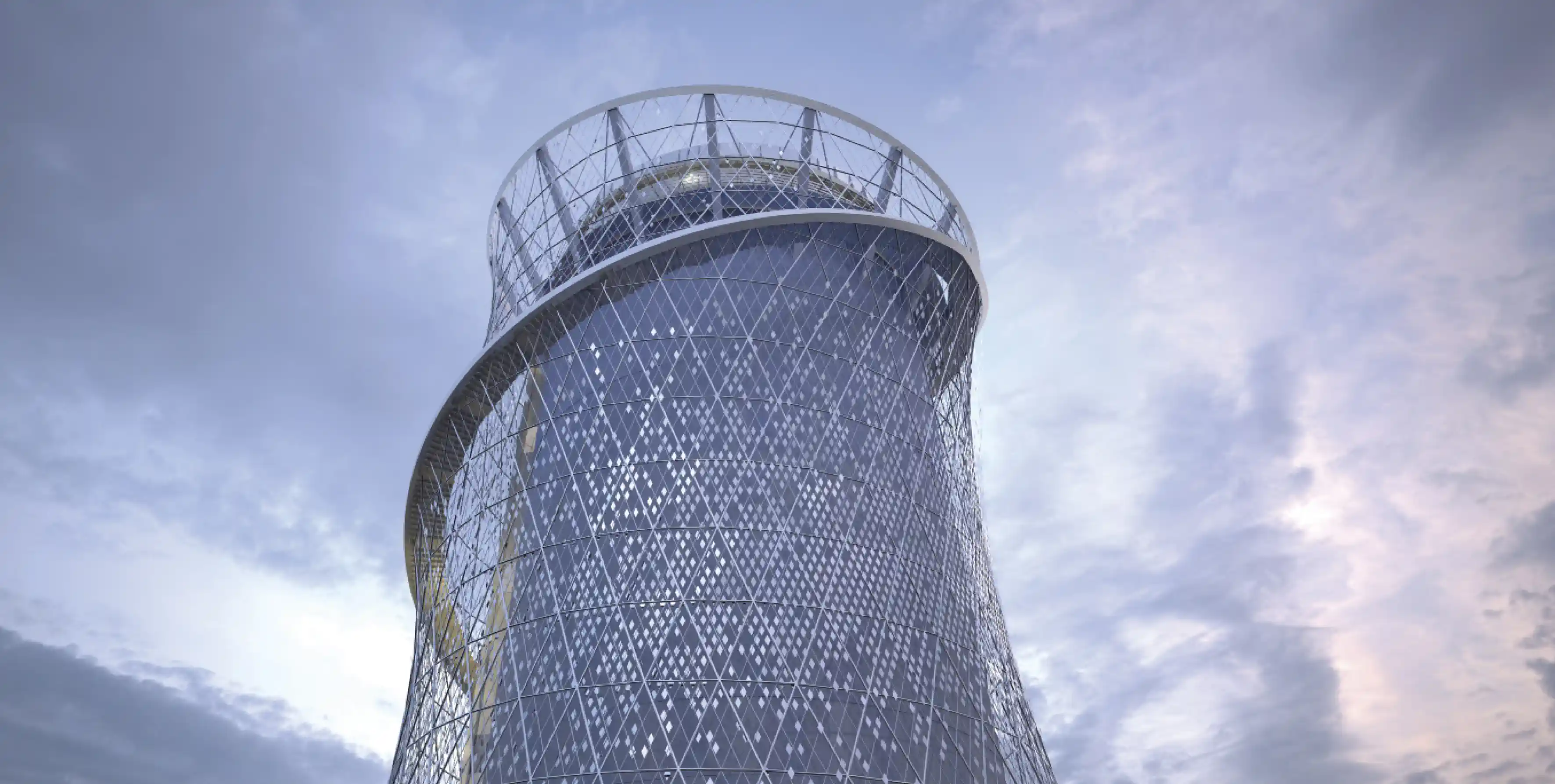 Cylindrischer Energiespeicher mit Gitterstruktur und Dachkonstruktion vor bewölktem Himmel