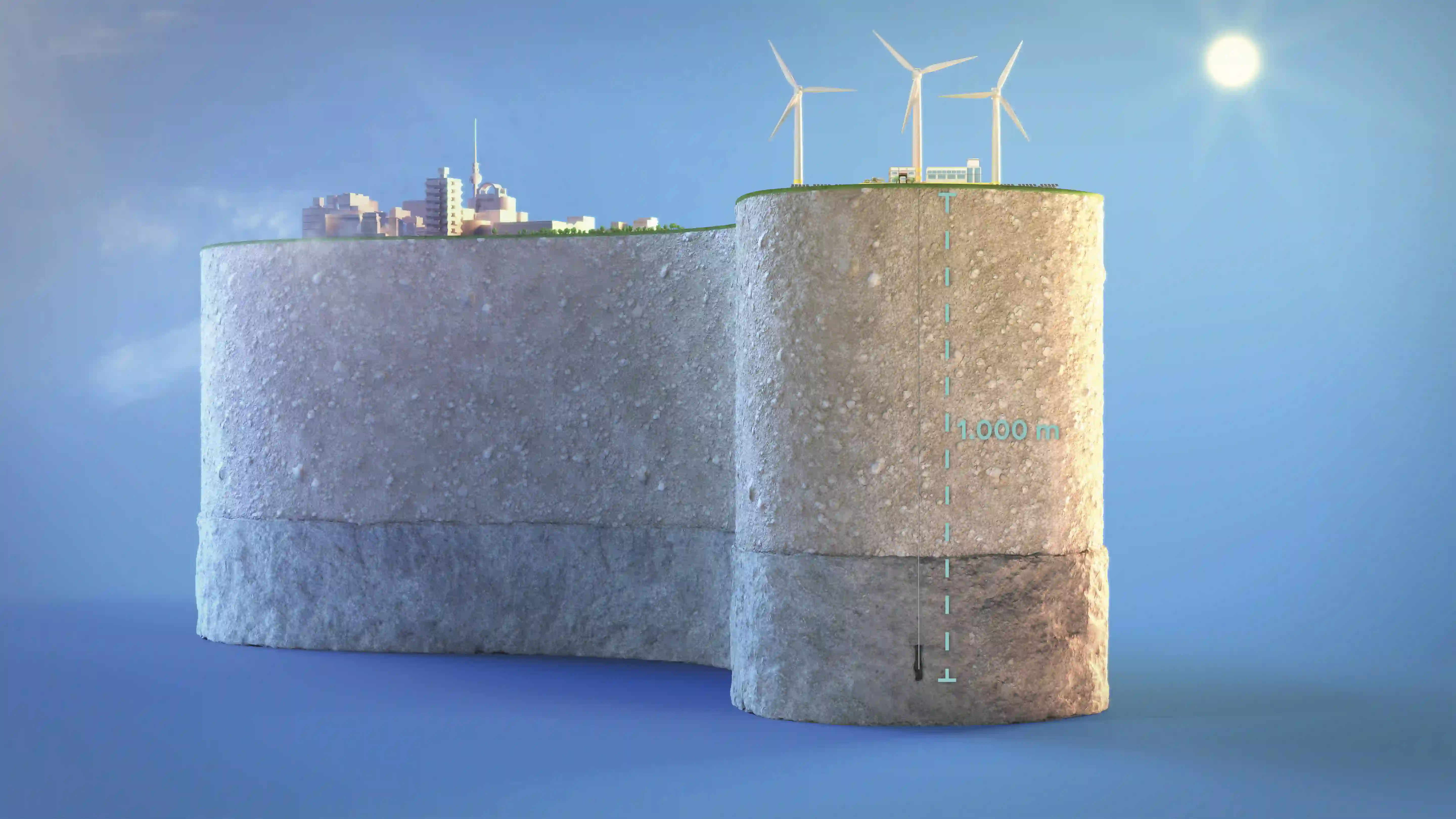 Infografik: Wasserstoff-Kavernenspeicher in 1.000 m Tiefe mit Stadt und Windkraftanlagen an der Oberfläche