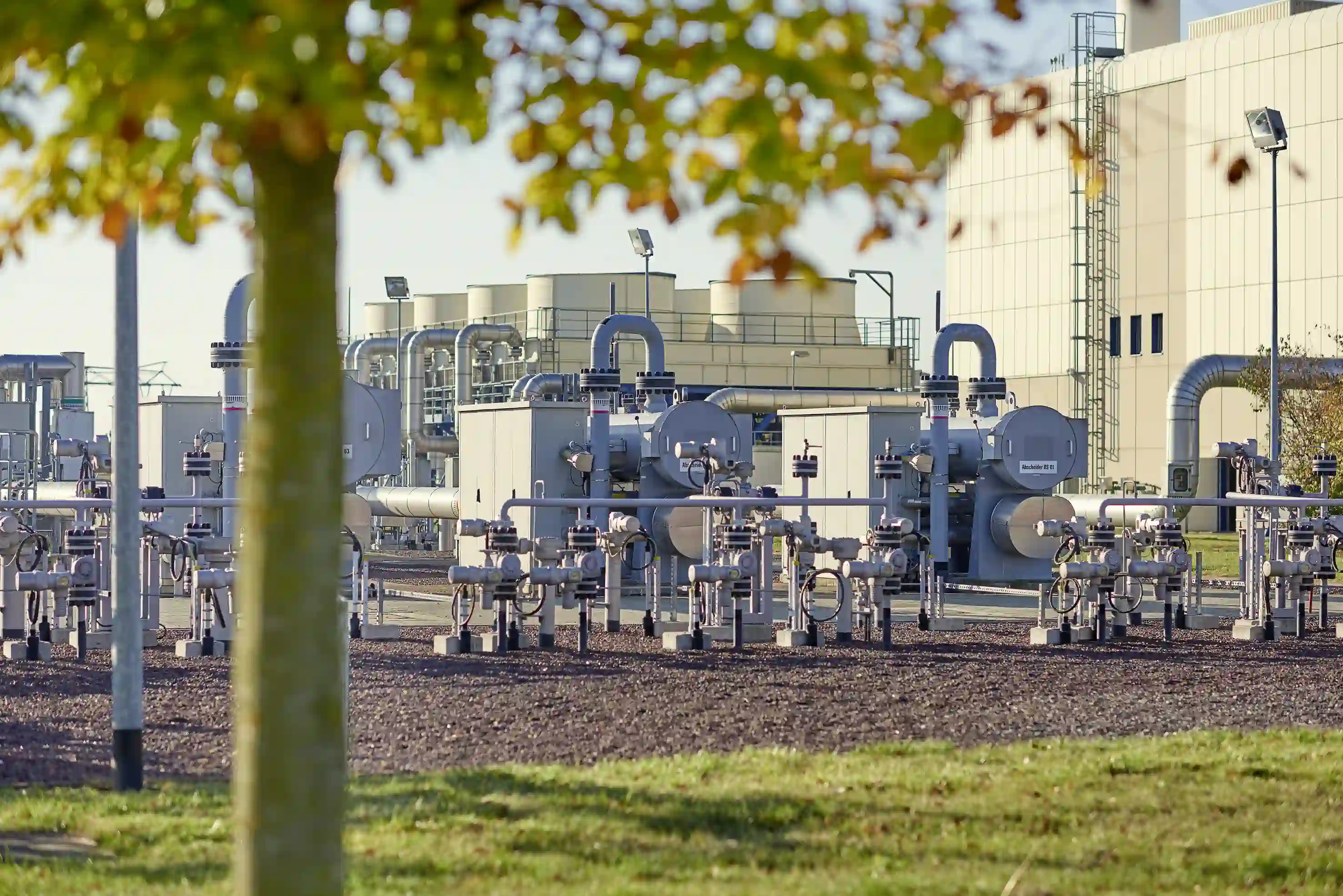 Industrieanlage mit Rohrleitungen und Ventilen vor Gebäuden, im Vordergrund Baumstamm und Grasfläche.