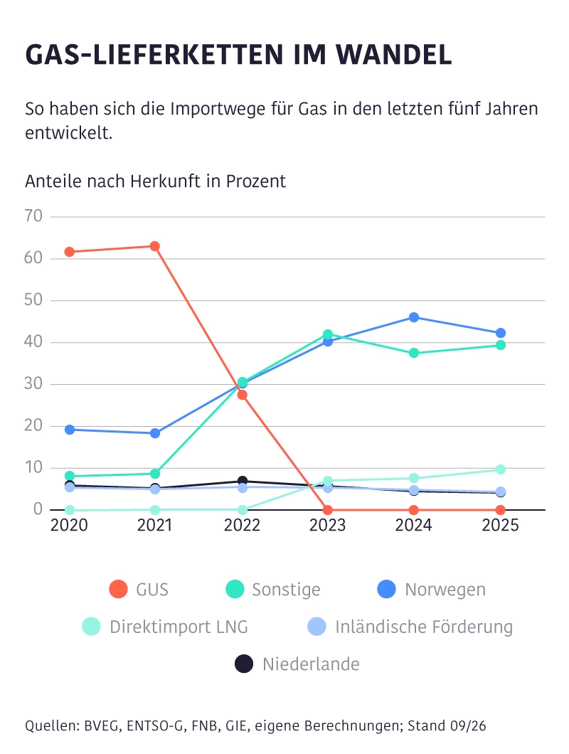 Liniendiagramm zur Entwicklung der Gasimporte nach Herkunft von 2020 bis 2025, darunter GUS, Norwegen, LNG und Niederlande.