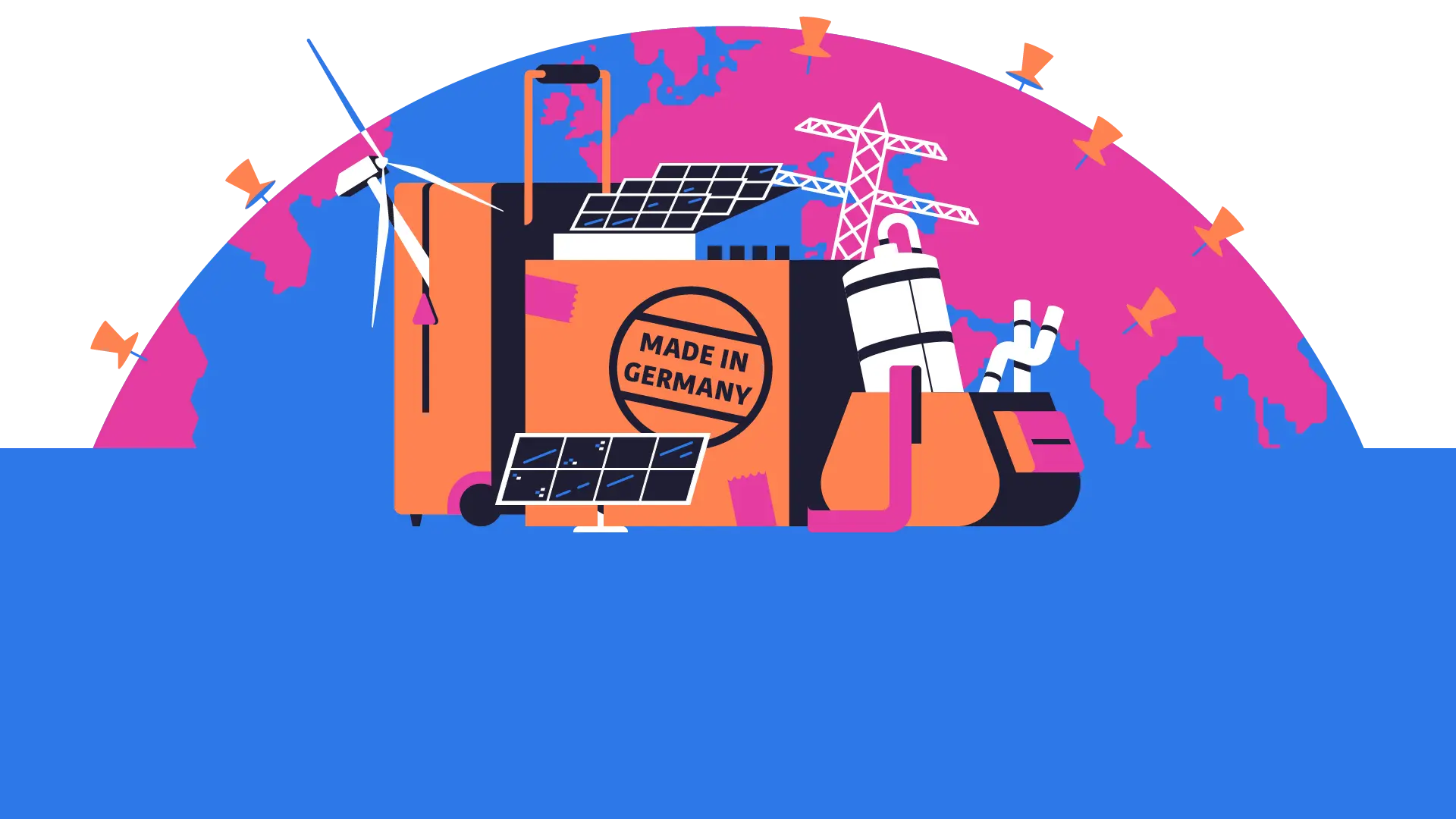 Illustration Koffer mit Aufdruck "Made in Germany" transportiert Windräder und PV-Anlagen