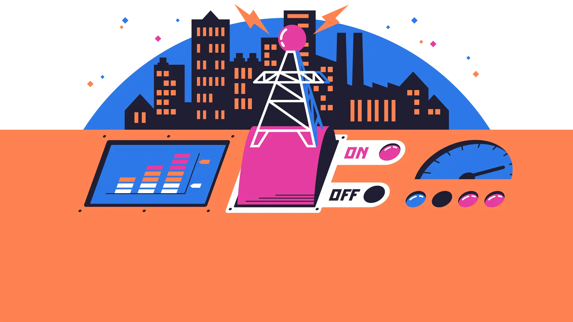 Illustration: Schalthebel in Form einer Stromtrasse steht auf "On"