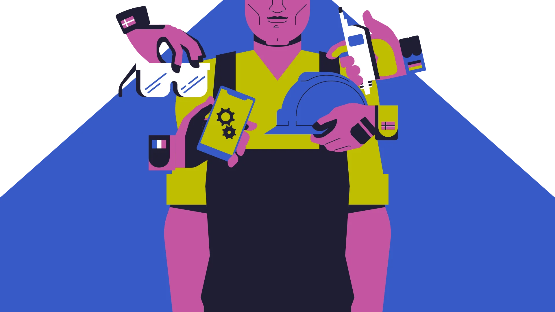 Illustration Azubi mit Lerninhalten aus verschiedenen europäischen Ländern