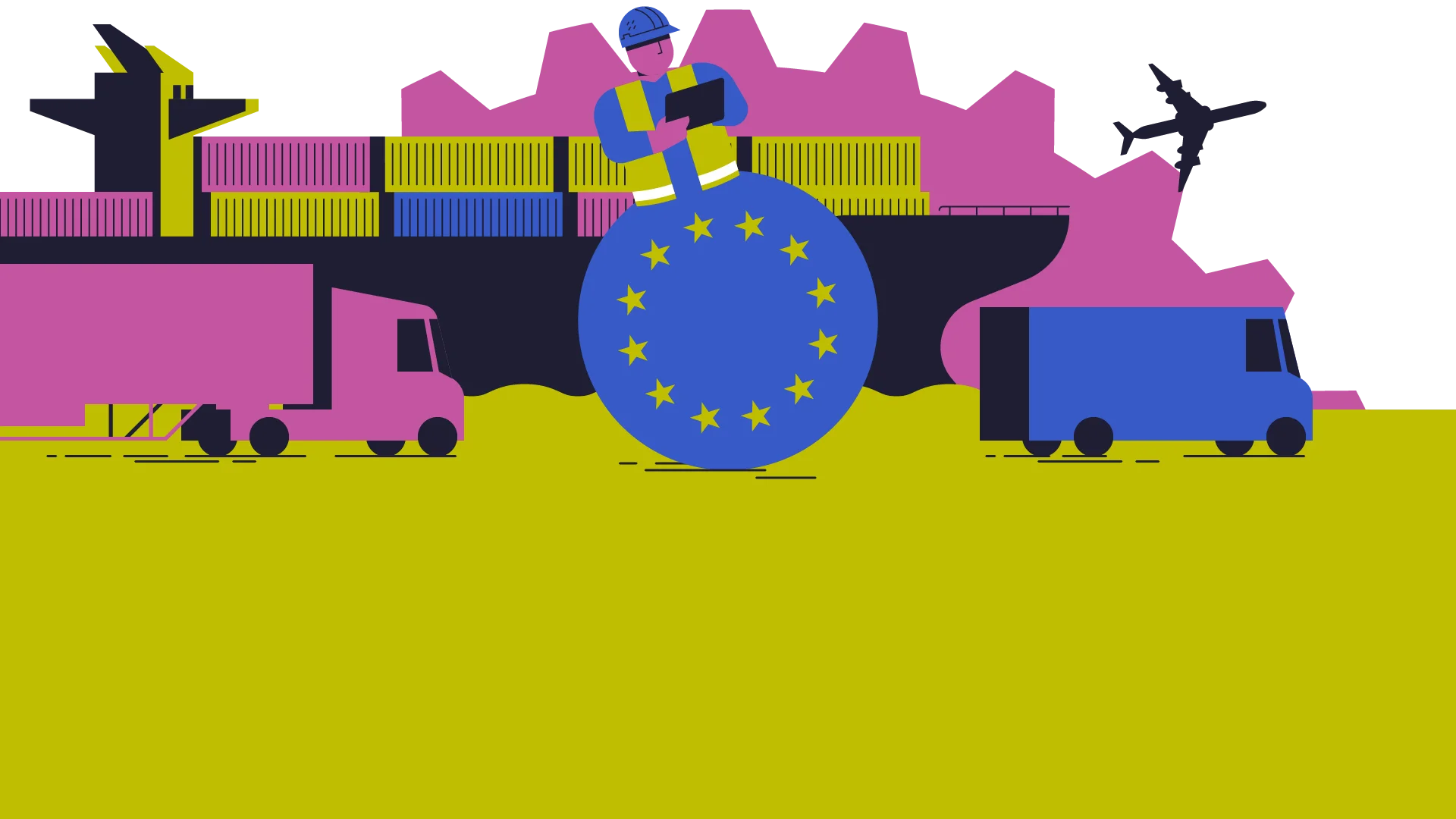 Illustration Europa als Stehaufmännchen im globalen Handel