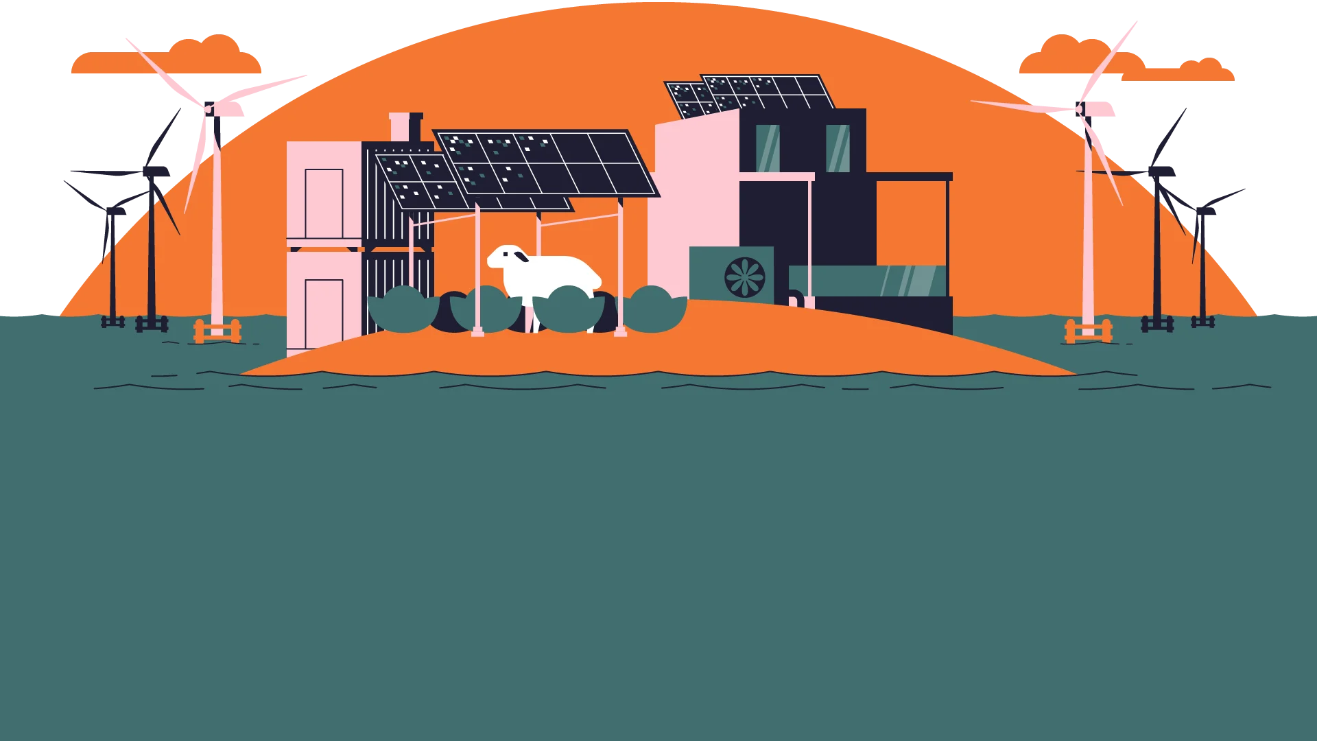 Illustration der Energiewende mit Windkraftanlagen, Photovoltaik auf Gebäuden und Freiflächen sowie Schafhaltung unter Solarmodulen