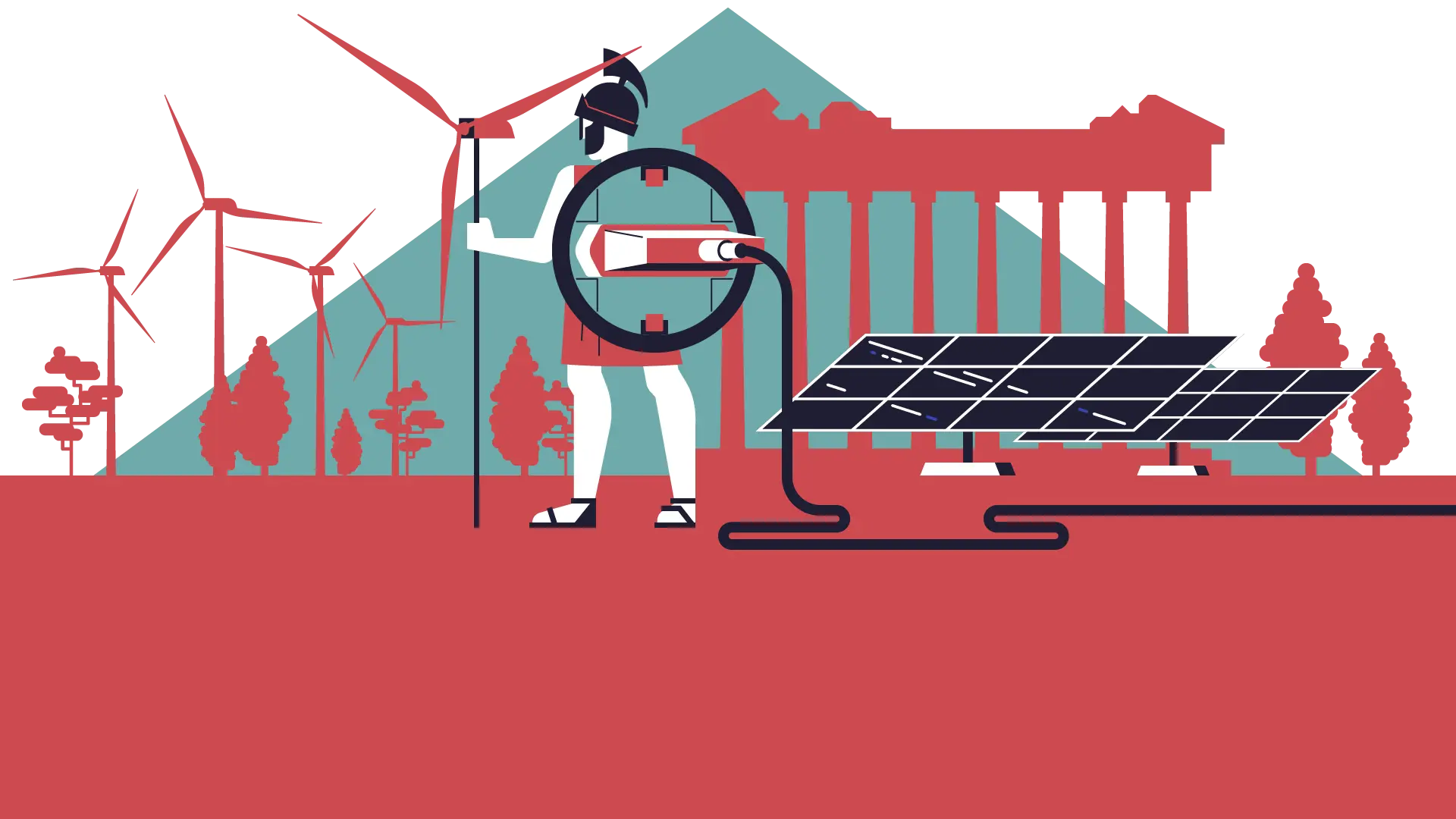 Illustration griechischer Soldat der Antike steht neben PV-Anlage