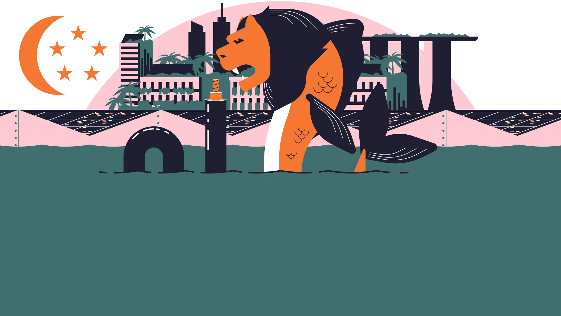 Illustration von Singapur mit Merlion im Wasser, Skyline mit Marina Bay Sands im Hintergrund und Solarpaneelen im Vordergrund unter Mondsichel und Sternen.