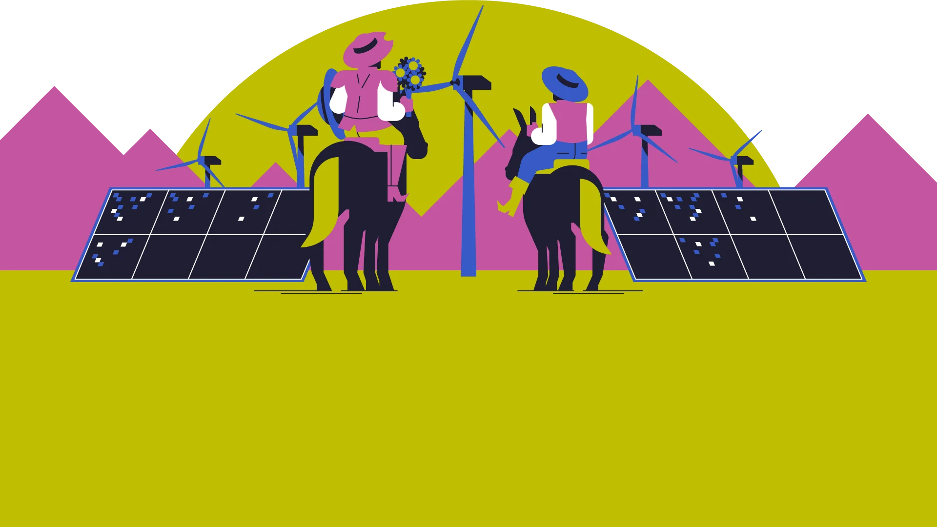 Illustration Don Quijote und Sancho Panza vor PV-Anlagen und Windmühlen