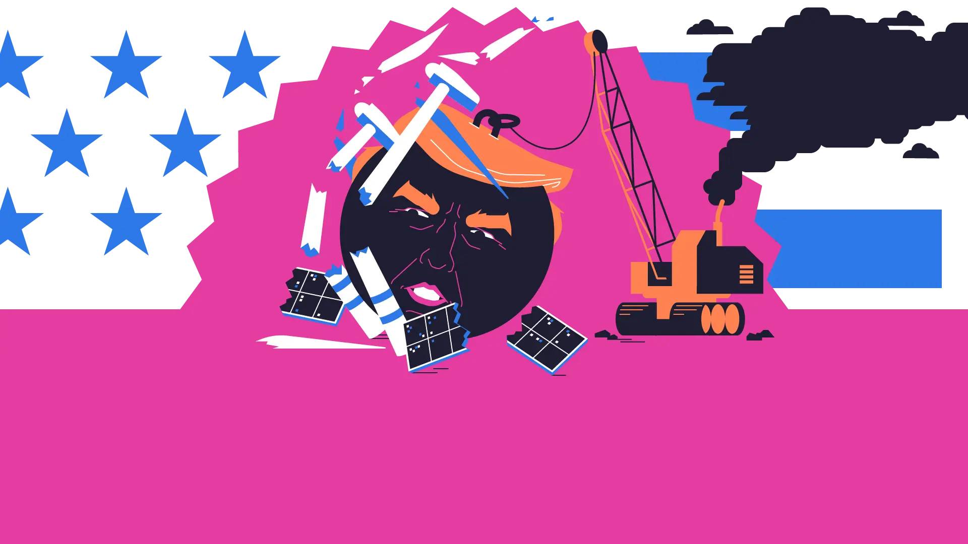 Illustration Abrissbirne mit dem Gesicht von US-Präsident Donald Trump zerstört Windräder