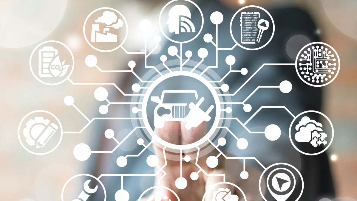 Geschäftsmann drückt virtuelle Matrix